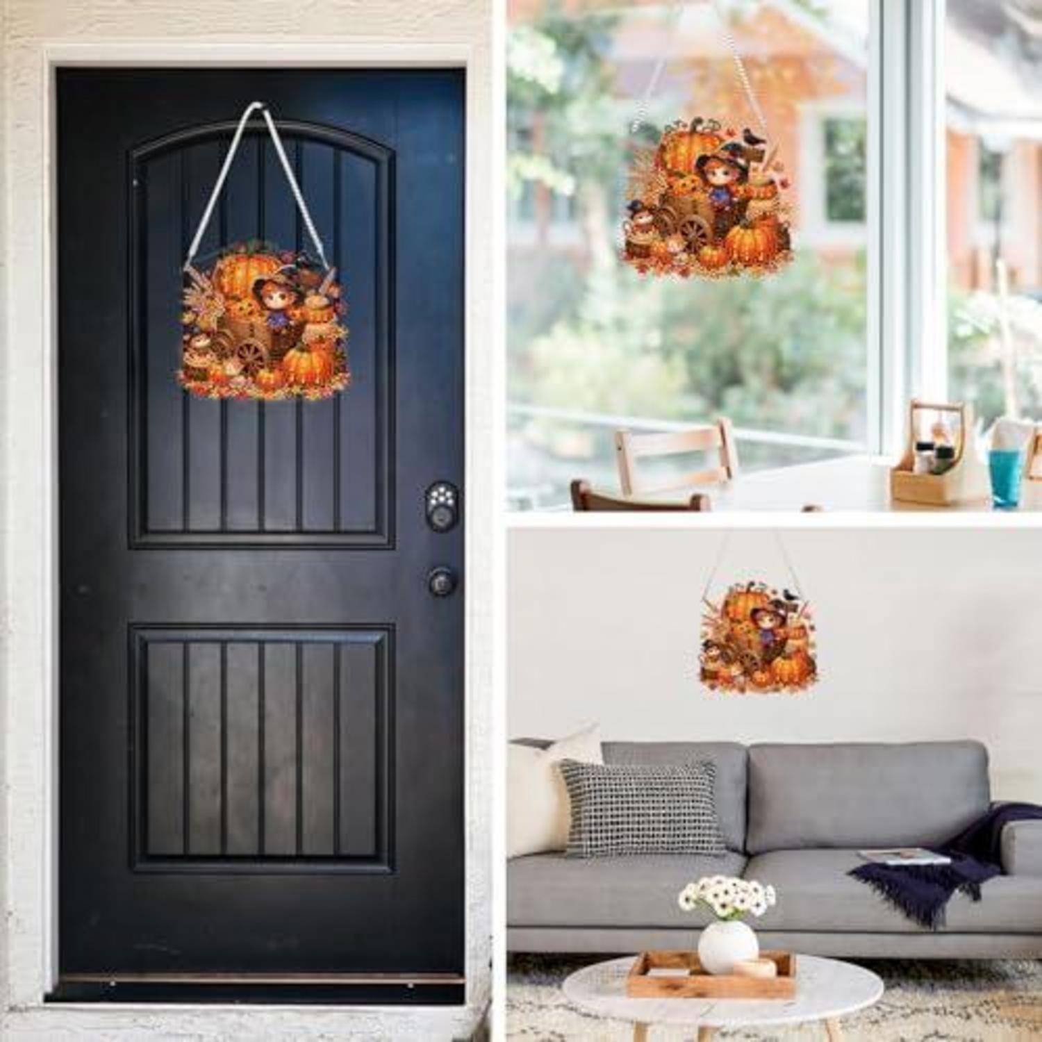 Herbstlich dekorierter Hängekorb mit Kürbis- und Vogelscheuchen-Design, gezeigt an einer Haustür, einem Fenster und einer Wohnzimmerwand.
