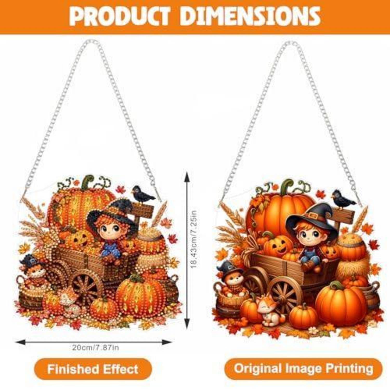 Produktdimensionstabelle zum Vergleich der Endfarbwirkung und des Original-Bilddrucks einer Halloween-Kürbiswagenszene, 20 cm breit und 18,4 cm hoch.