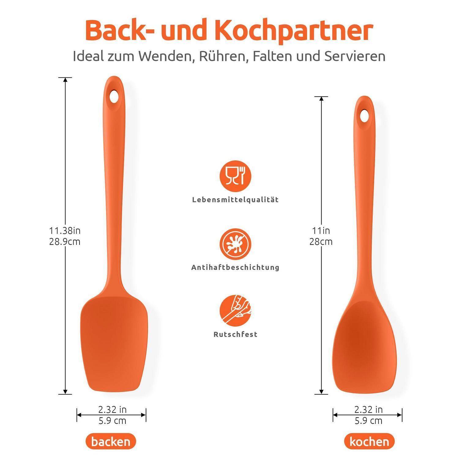 Produktgrafik zum Vergleich eines Backspatels und eines Kochlöffels, mit der Bezeichnung „Back- und Kochpartner