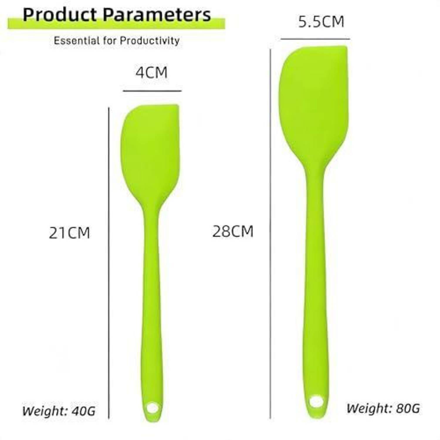 Produktparameter-Grafik zum Vergleich von zwei grünen Spachteln: 21 cm, 4 cm breit, 40 g auf der linken Seite; 28 cm, 5,5 cm breit, 80 g auf der rechten Seite.