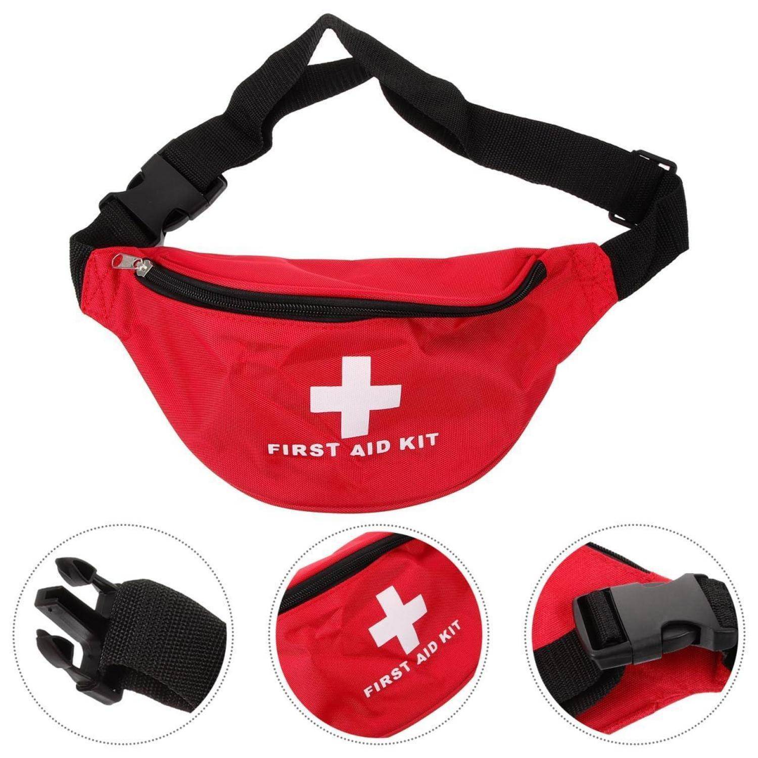 Rote Hüfttasche mit Beschriftung "FIRST AID KIT"" und weißem Kreuz sowie schwarzem verstellbarem Riemen; eingefügte Nahaufnahmen zeigen Details von Schnalle und Reißverschluss.