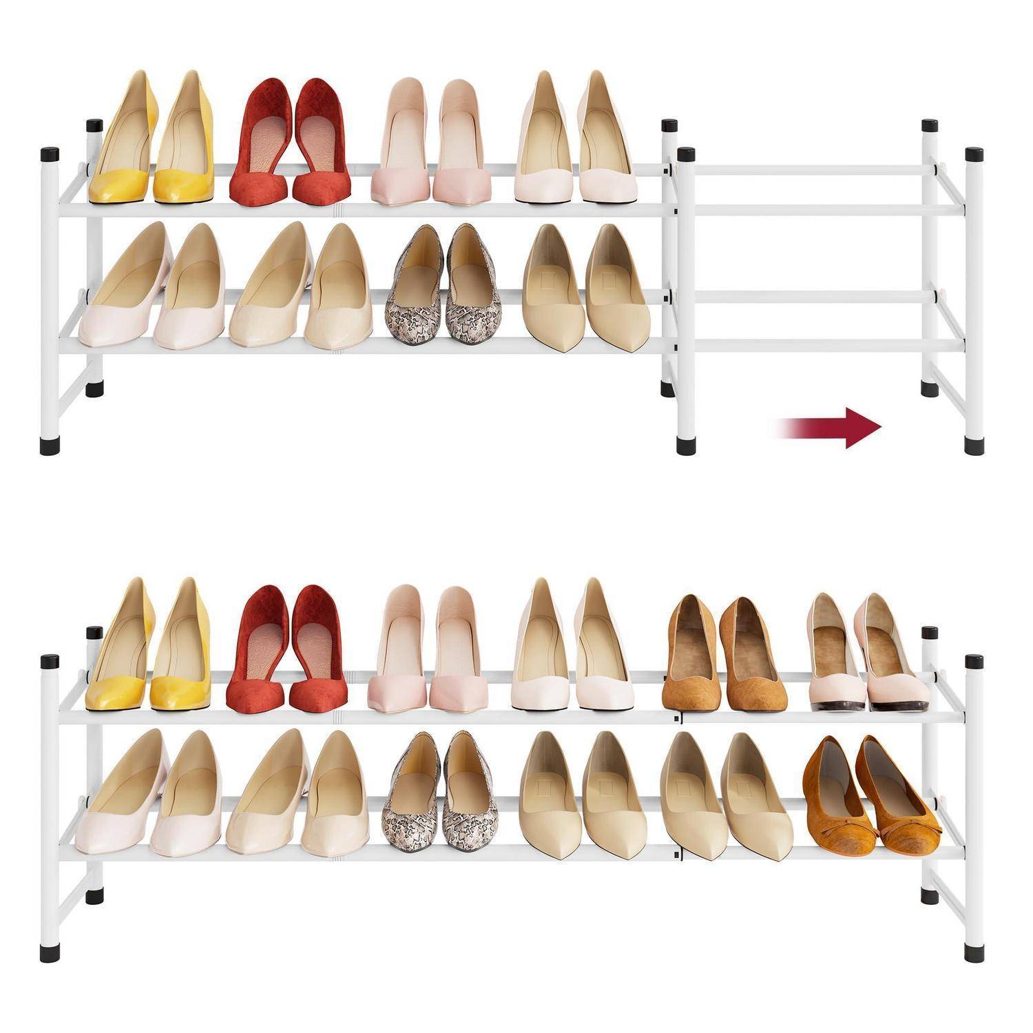 Ausziehbares Schuhregal wird vor und nach der Erweiterung gezeigt, wobei der Stauraum von zwei Regalen auf drei Reihen mit Schuhen erhöht wird.