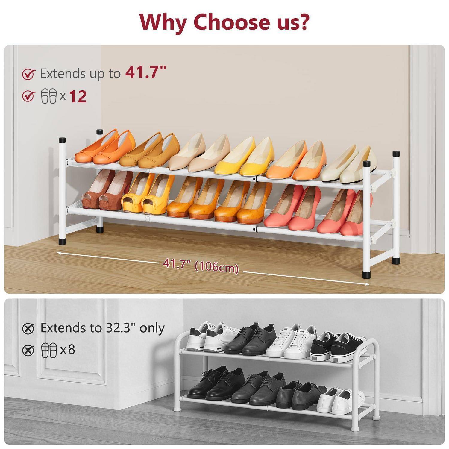Vergleichsgrafik, die ein Schuhregal zeigt: Das obere Modell erstreckt sich auf 41,7 Zoll und fasst 12 Paar; das untere Modell erstreckt sich auf 32,3 Zoll und fasst 8 Paar.