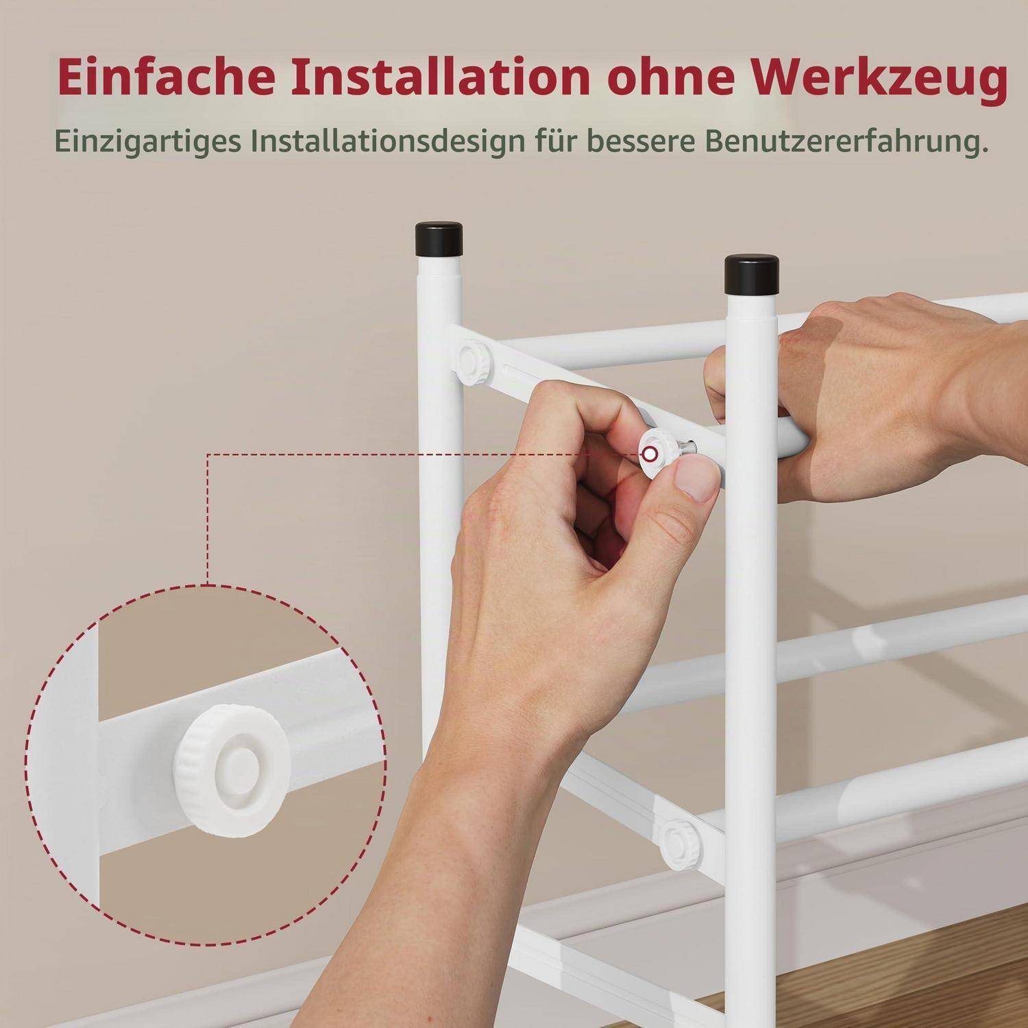 Hände montieren ein weißes Regal mit werkzeuglosen Verbindern; deutscher Text besagt „Einfache Installation ohne Werkzeug