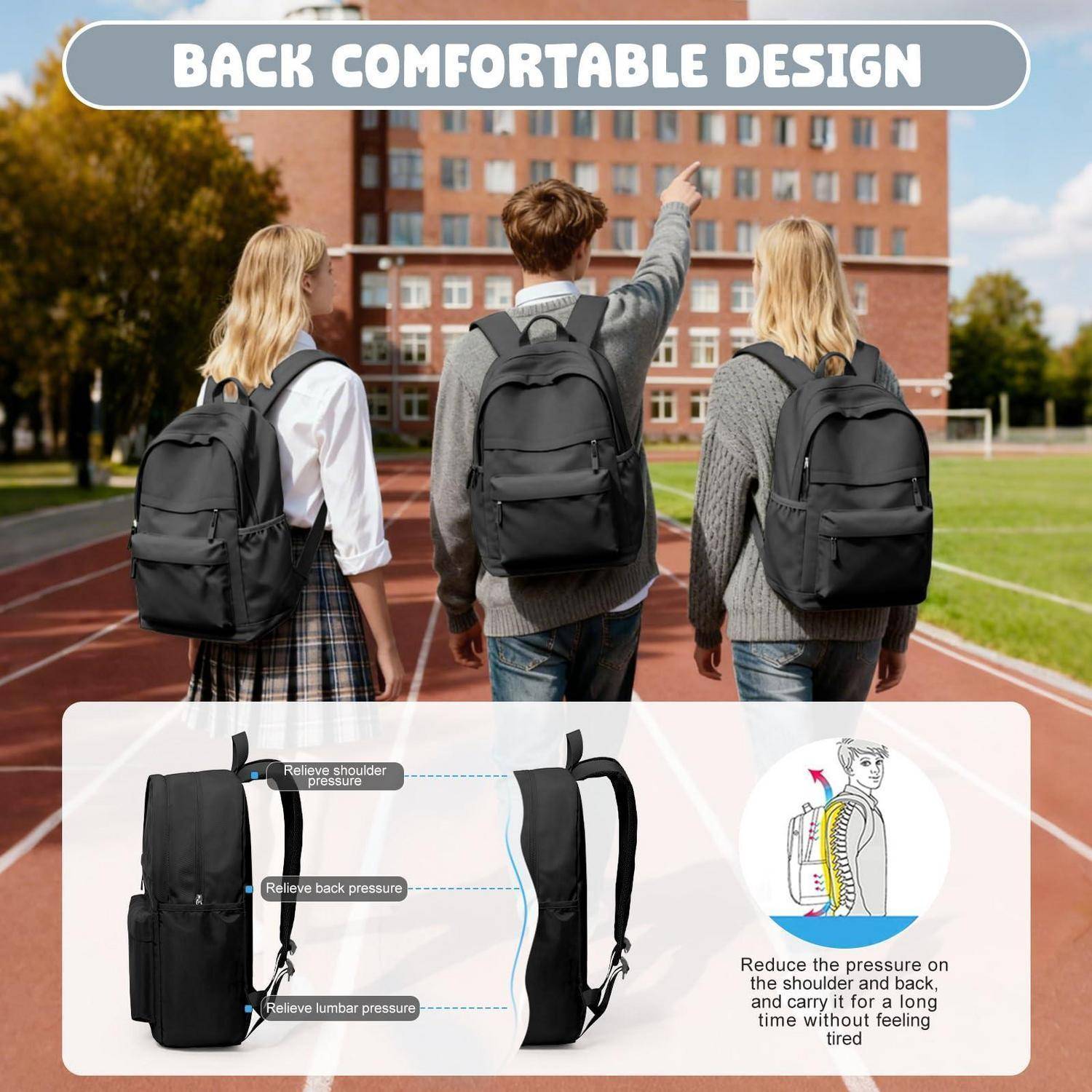 Drei Schüler tragen schwarze Rucksäcke auf einer Laufbahn; eine eingefügte Grafik hebt das ergonomische Design hervor, das Druck auf Schultern, Rücken und Lendenwirbelsäule lindert.