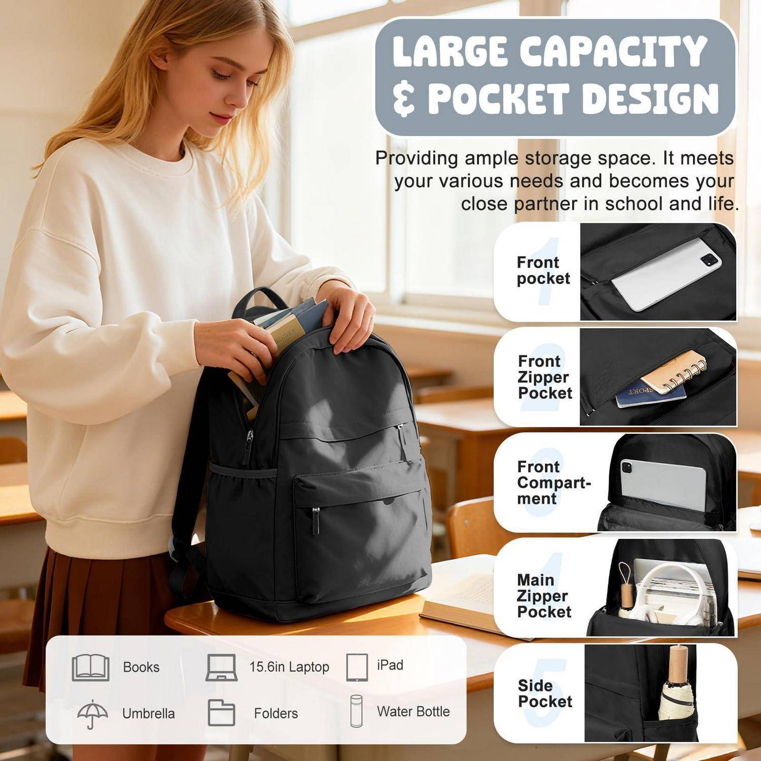 Frau packt einen schwarzen Rucksack in einem Klassenzimmer; die Anzeige hebt "Große Kapazität & Taschenentwurf"" hervor mit Vordertasche, Reißverschluss, Fach, Hauptreißverschluss und Seitentaschen für Schulmaterialien.
