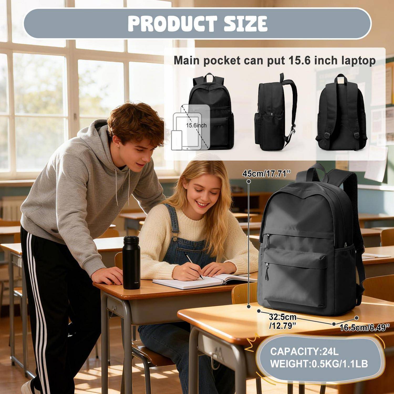 Produktgrößen-Infografik mit einem schwarzen Rucksack für einen 15,6-Zoll-Laptop mit den Abmessungen 45 x 32,5 x 16,5 cm und einem Fassungsvermögen von 24 l, Gewicht 0,5 kg.