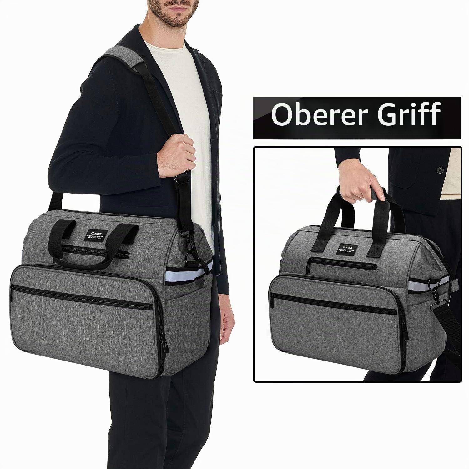 Mann mit einer grauen Umhängetasche mit Schultergurt; Ausschnitt hebt den oberen Griff mit der Bezeichnung „Oberer Griff" hervor.