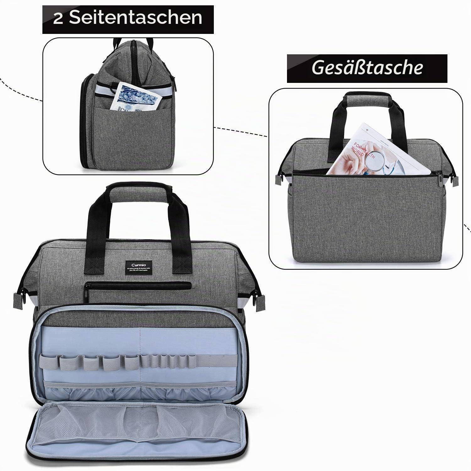 Graue Reisetasche offen gezeigt mit organisierten Innentaschen; eingefügte Beschriftungen in Deutsch heben "2 Seitentaschen"" und ""Gesäßtasche"" für Seiten- und Rücktaschen hervor.