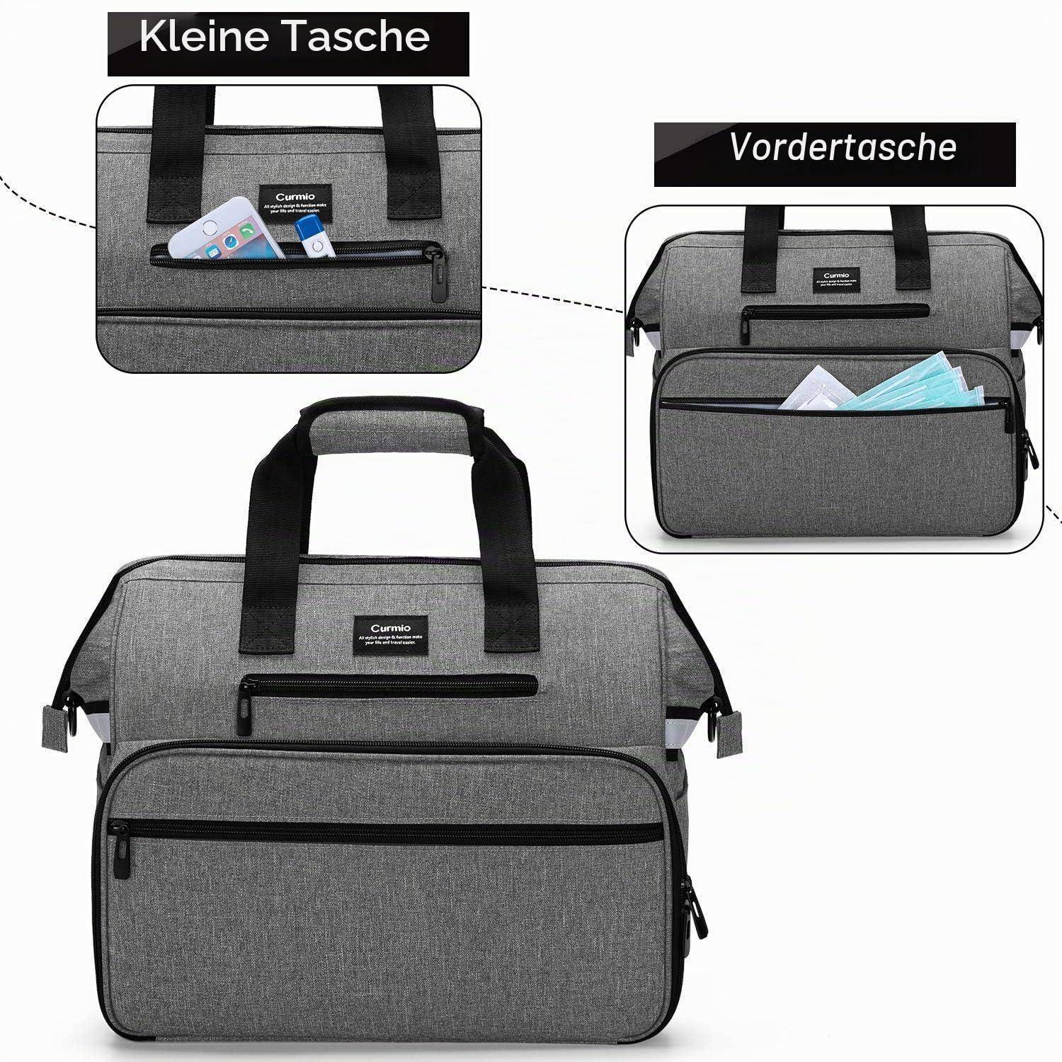 Graue Aktentasche im Kofferstil mit oberen Griffen und zwei vorderen Taschen, zeigt eine kleine Tasche für das Telefon und eine größere vordere Tasche für Dokumente.