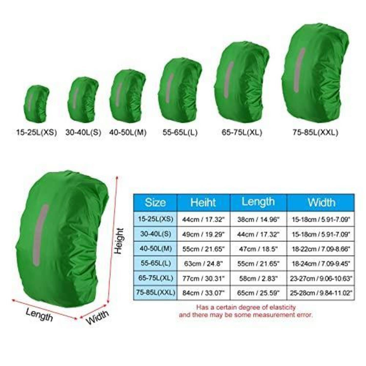 Größentabelle für grüne Regenschutzhüllen für Rucksäcke, zeigt sechs Größen von 15-25L (XS) bis 75-85L (XXL) mit Höhen-, Längen- und Breitenmessungen.