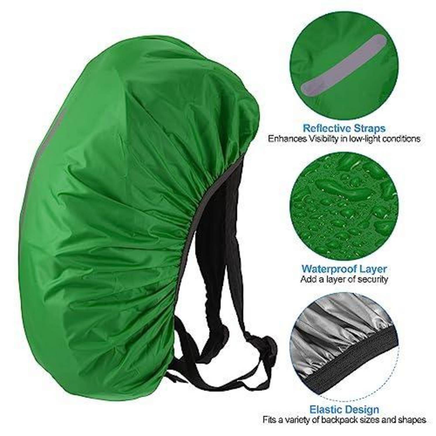 Grüne wasserdichte Rucksackhülle mit reflektierenden Riemen und elastischem Design, gezeigt mit Merkmalen, die Sichtbarkeit, Wasserdichtheit und passgenaue Passform hervorheben.
