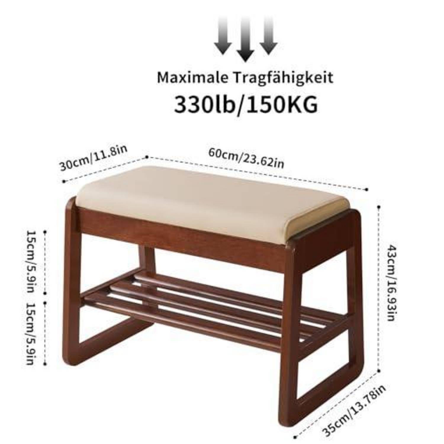 Kleine gepolsterte Holzbank mit Regal, gekennzeichnet mit maximaler Belastung „330 lb/150 kg", Abmessungen 60 cm breit, 35 cm tief, 43 cm hoch.