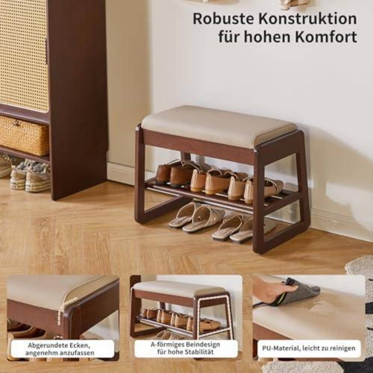 Holzschuhbank mit gepolstertem Sitz in einem Flur, gezeigt mit Schuhen, die darunter gelagert sind; deutscher Text hebt robuste Konstruktion, Komfort, Stabilität und leicht zu reinigendes PU-Material hervor.