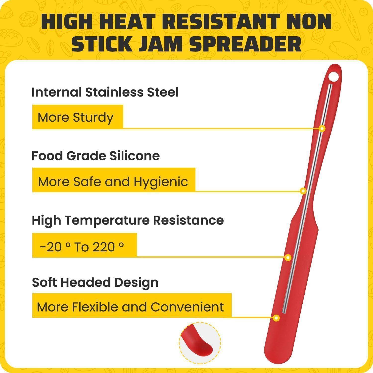 Infografik eines roten antihaftbeschichteten Marmeladenstreichers mit den folgenden Merkmalen: Edelstahlkern, lebensmittelechtes Silikon, Wärmebeständigkeit -20° bis 220°, und weiches Kopfdesign.
