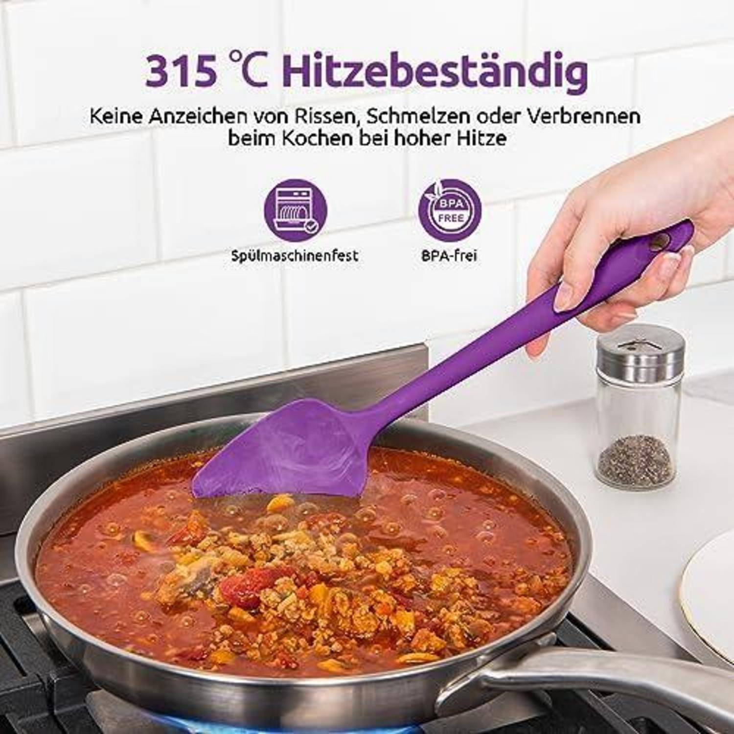 Violetter Spatel rührt Soße in einer Pfanne auf einem Herd um und bewirbt Hitzebeständigkeit: '315°C Hitzebeständig', spülmaschinenfest und BPA-frei.