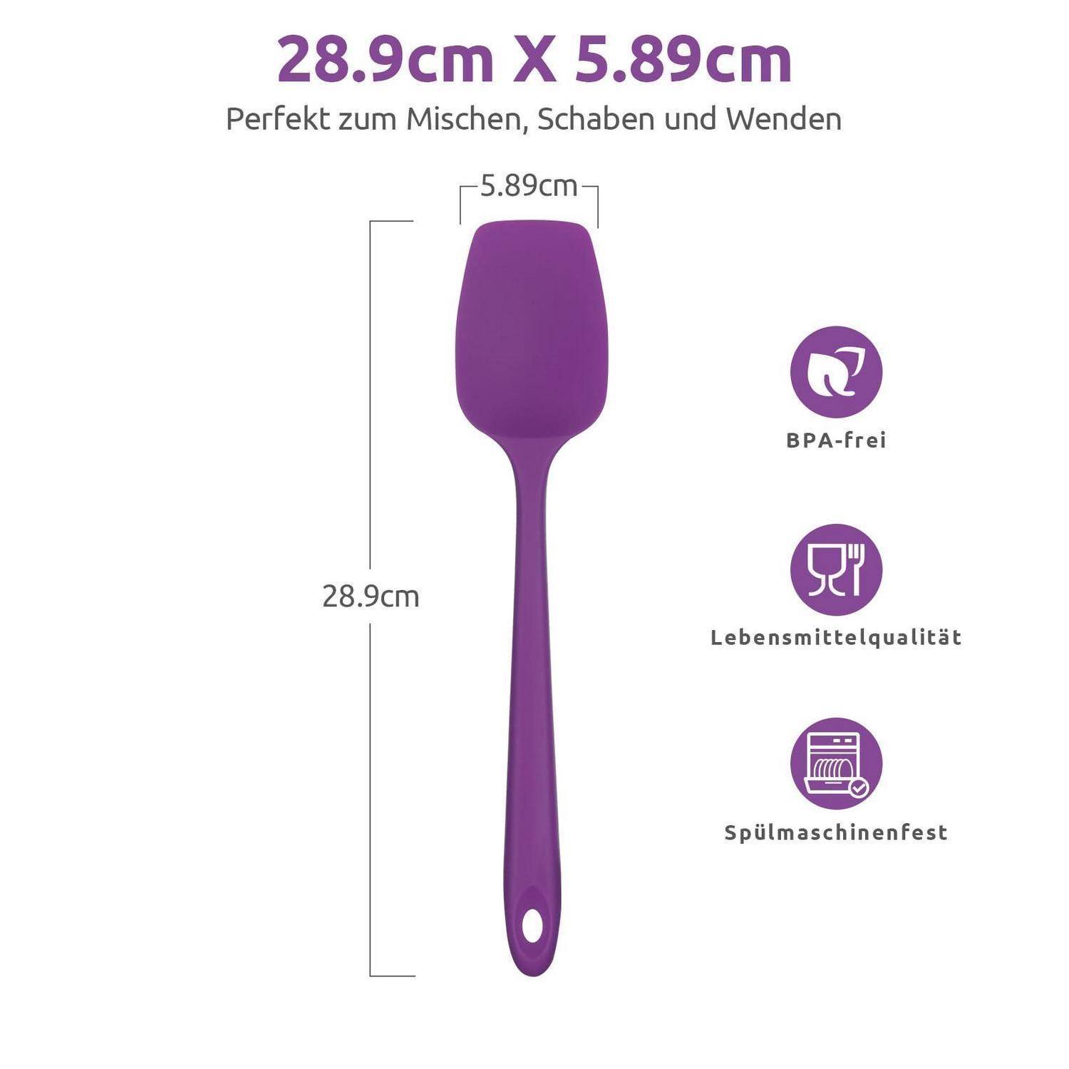 Violetter Silikonspatel mit den Abmessungen 28,9 cm x 5,89 cm und Text „Perfekt zum Mischen, Kratzen und Wenden