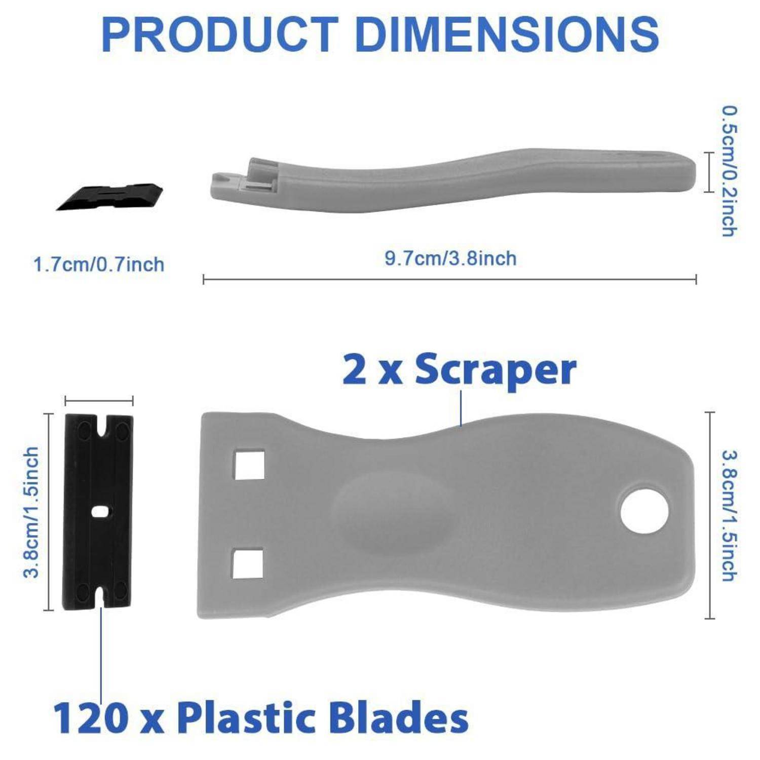 Produktabmessungen-Diagramm für ein Schaberset mit einem Schabegriff, zwei Schabern und 120 Kunststoffklingen mit beschrifteten Messwerten in cm und Zoll.