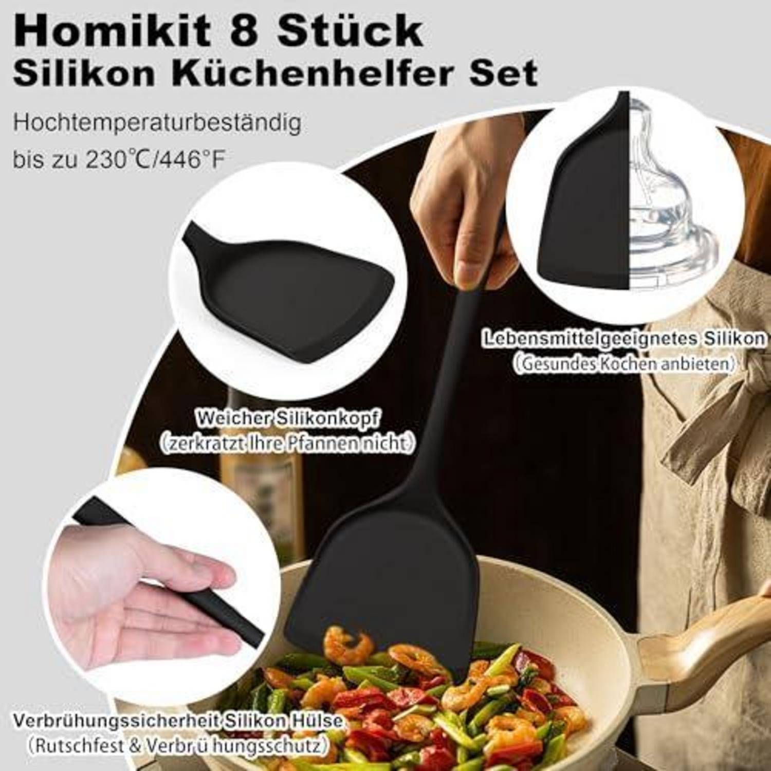 Anzeige für Homikit 8-teiliges Silikon-Küchenutensilien-Set, hitzebeständig bis 230°C/446°F, zeigt einen Spatel und wichtige Merkmale: weiches Silikonkopf, lebensmittelechtes Material und Schutz vor Verbrennungen.