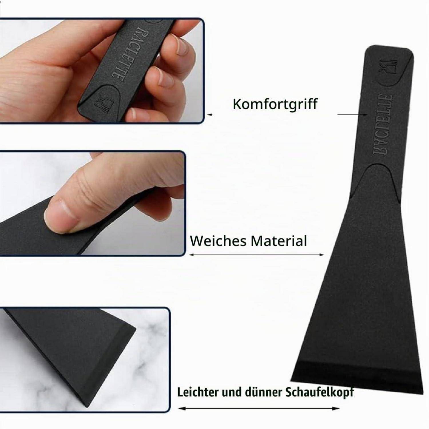 Werbegrafikabbildung eines schwarzen Kunststoffspatels mit Nahaufnahmen, die „Komfortriff