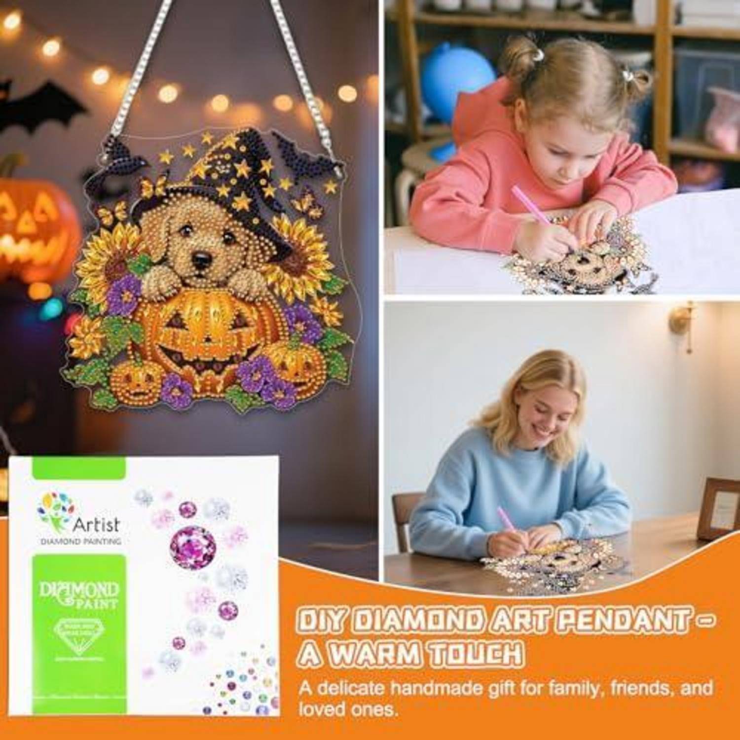 Collage mit einem Halloween-Design-Diamantkunst-Anhänger, einem Kind und einem Erwachsenen beim Erstellen von Diamantmalerei und Produktverpackung für ein DIY-Anhänger-Set.