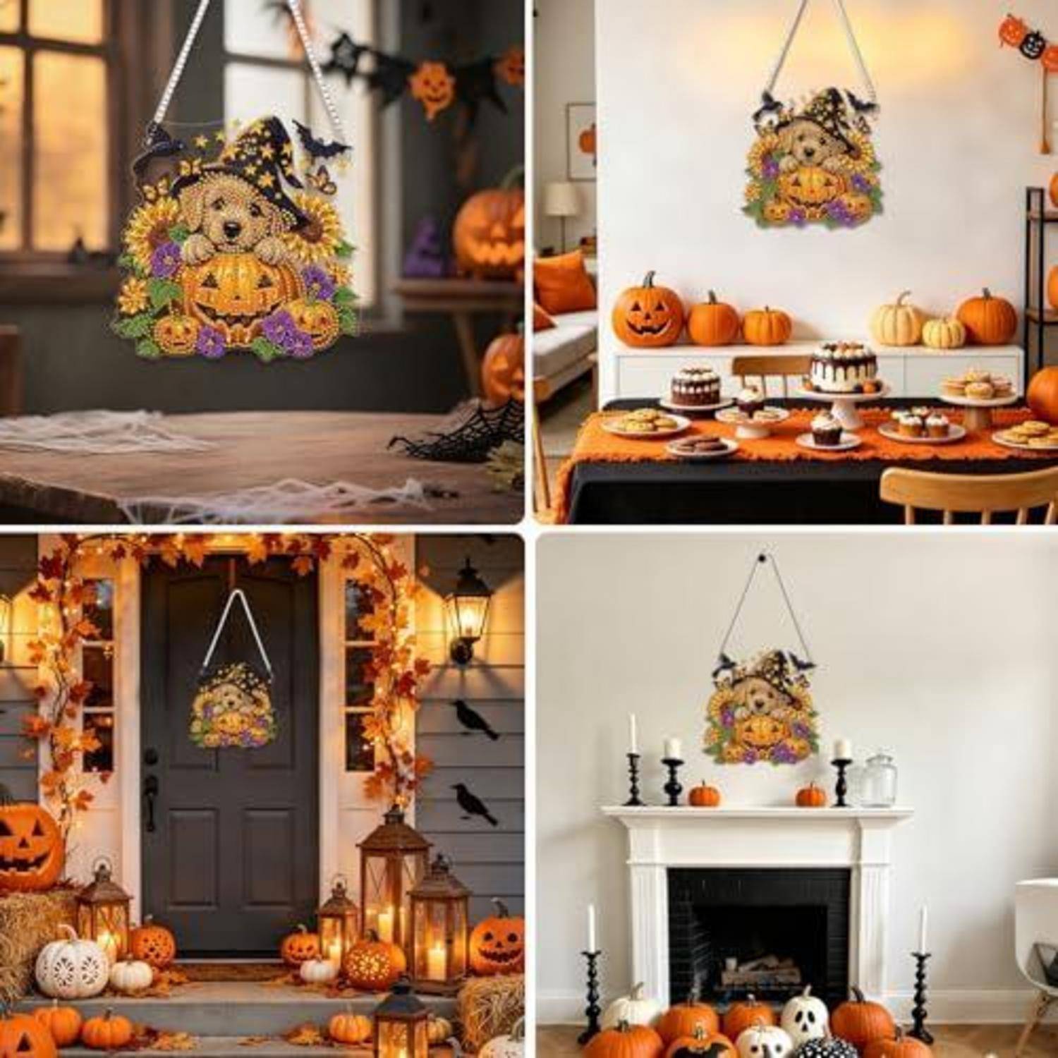 Collage eines Halloween-Teddybär-Kranzes, der in Wohnumgebungen hängt, gezeigt an einer Wand, über einem Esstisch, an einer Haustür und über einem Kamin mit Kürbissen.