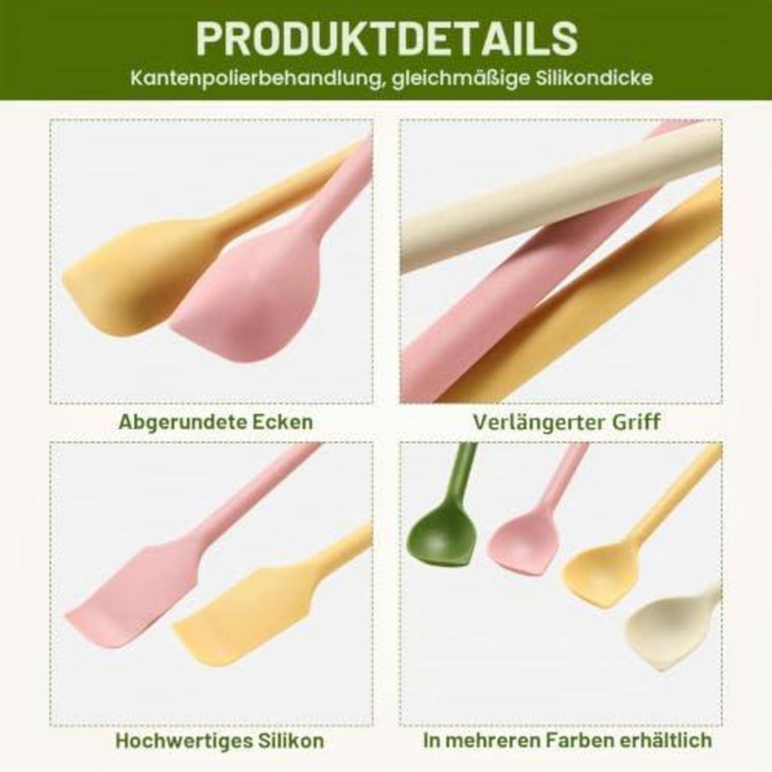 Produktdetail-Grafik mit Silikon-Spachteln: abgerundete Ecken, verlängerter Griff, hochwertiges Silikon und mehrere Farboptionen.