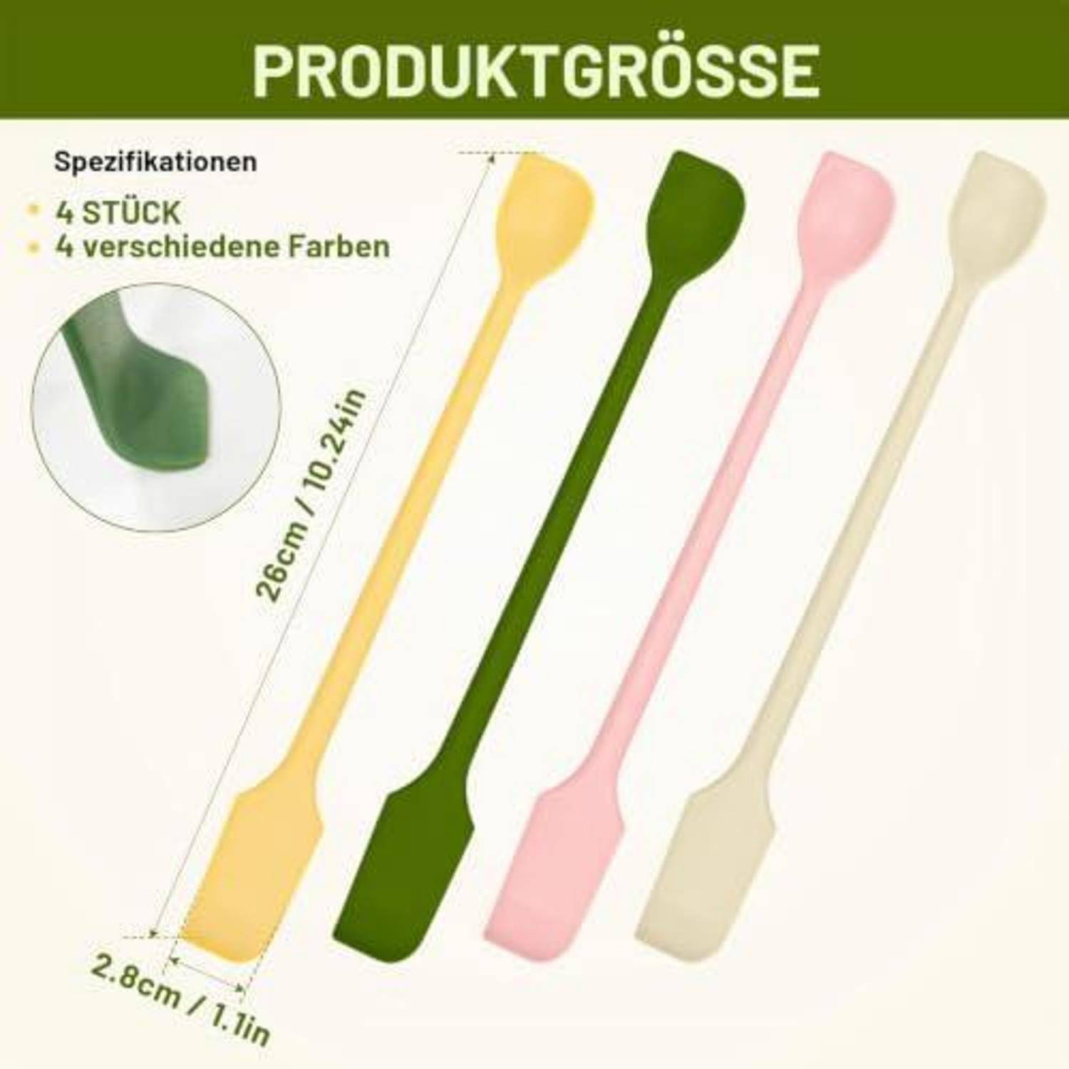 Produktgrößentabelle mit 4 Silikonspachteln in verschiedenen Farben, jeweils 26 cm lang und 2,8 cm breit.