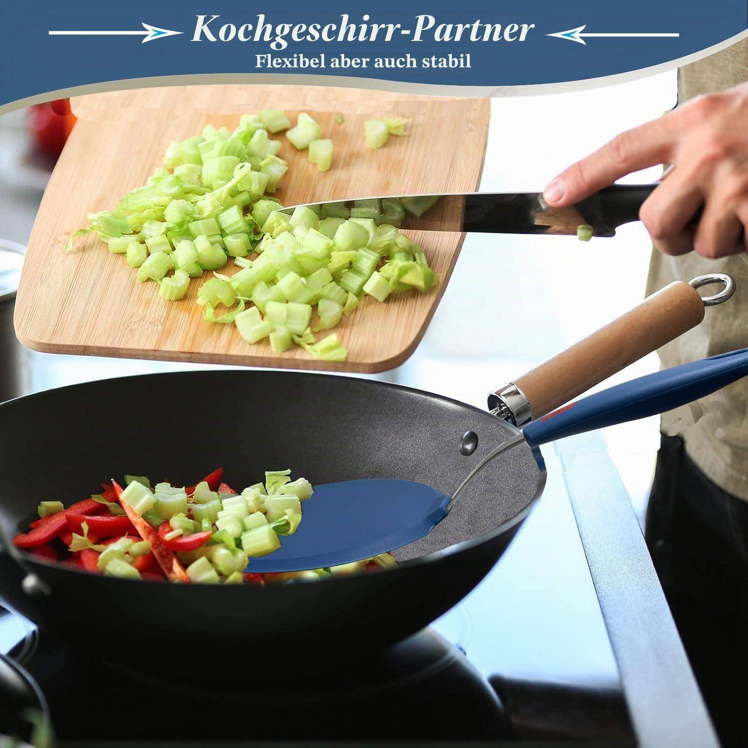 Die Hand eines Kochs hackt Sellerie auf einem Schneidebrett und verwendet einen Spatel, um ihn zusammen mit roten Paprika in einem Wok hinzuzufügen; das Banner liest „Kochgeschirr-Partner