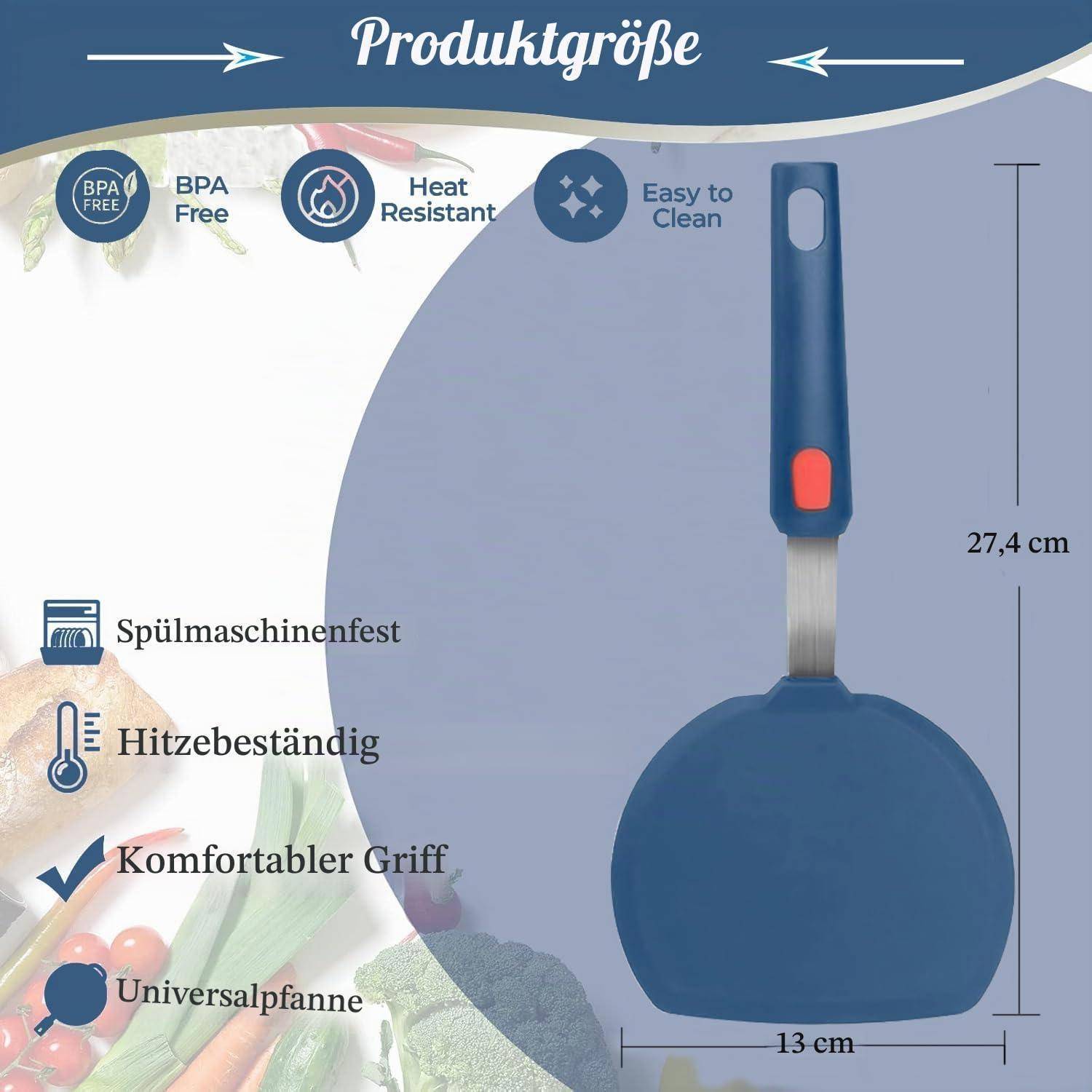 Größentabelle für eine blaue Universalpfanne: 27,4 cm hoch und 13 cm breit, mit BPA-frei, hitzebeständig, leicht zu reinigen, spülmaschinenfest und ergonomischem Griff.