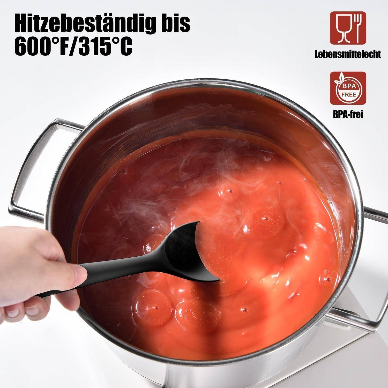 Handrühren von Suppe in einem Metalltopf; Text besagt „hitzebeständig bis 600°F/315°C