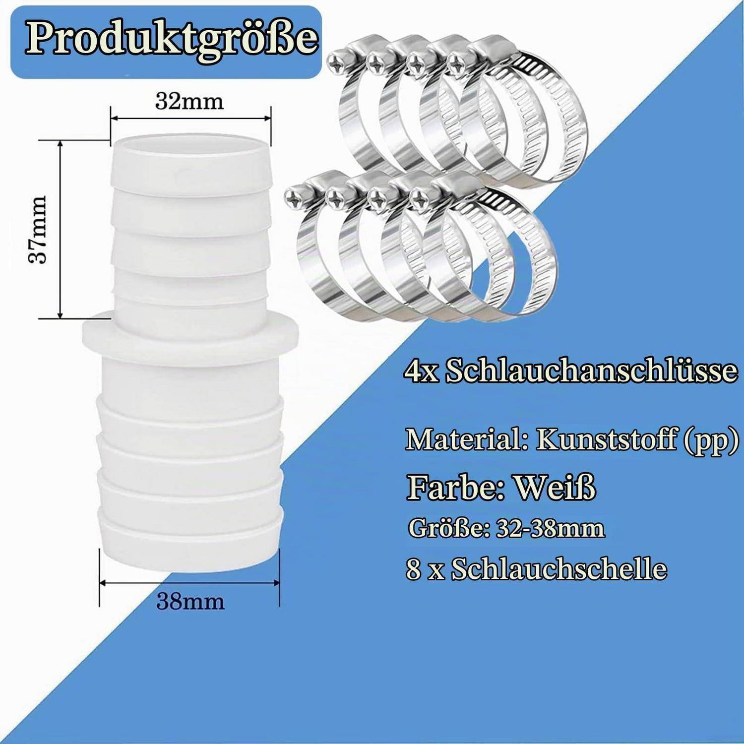 Produktbild mit 4 weißen Kunststoffschlauchverbindern, Größe 32–38 mm, mit 8 Schlauchschellen; Deutsche Textnoten vermerken Material PP und Abmessungen 32 mm, 37 mm, 38 mm.