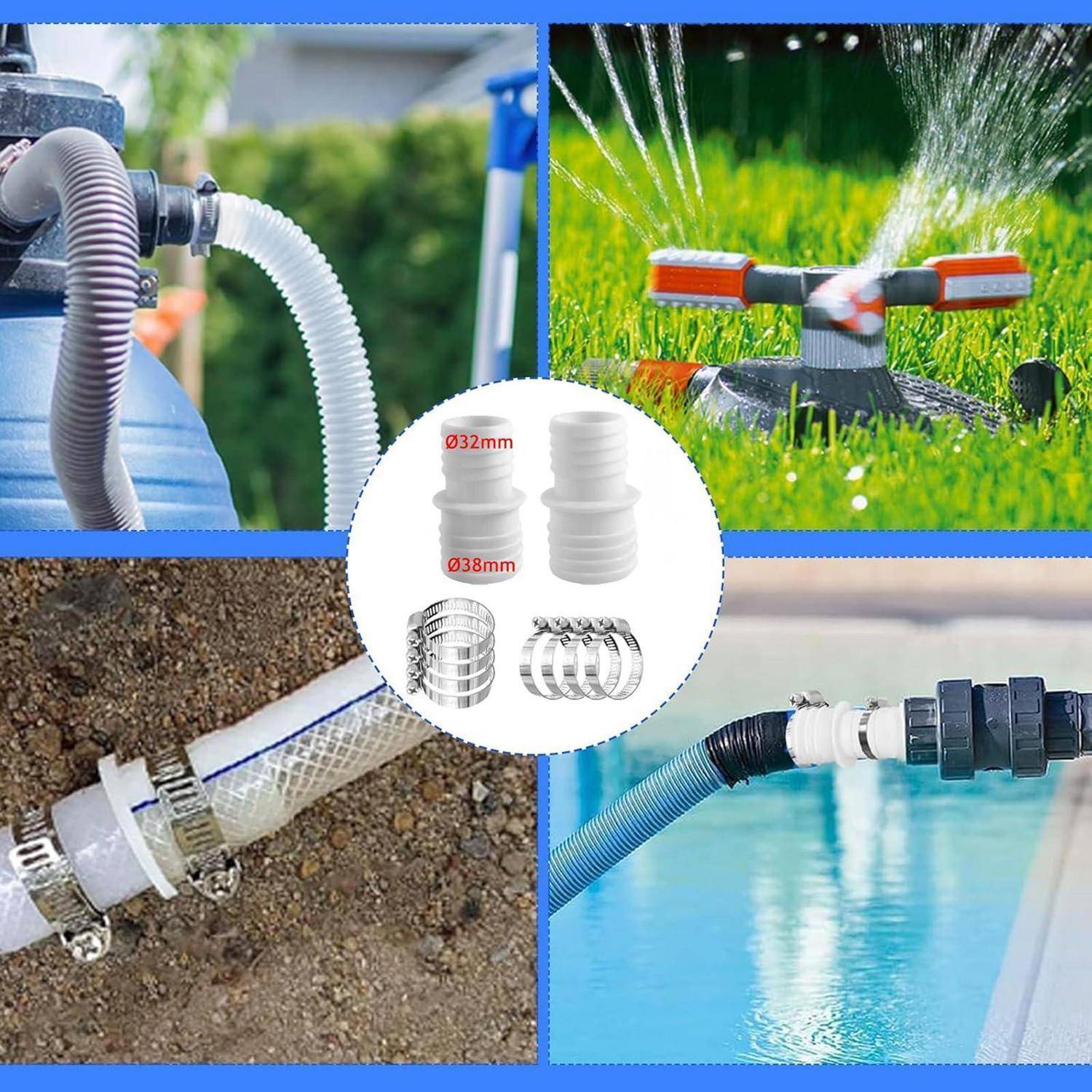 Collage mit Schlauchverbindern und Schellen, die Pool-, Bewässerungs- und Wassersaugschläuche verbinden, einschließlich Sprüh- und Filtrationanwendungen.