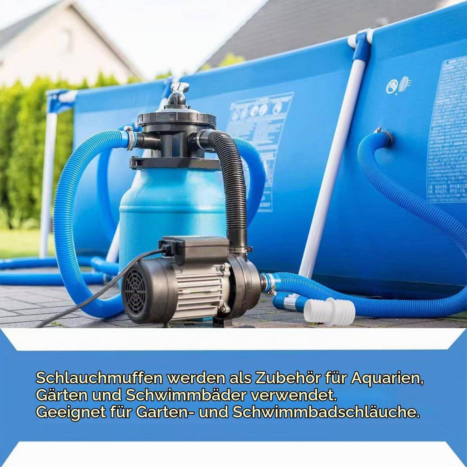 Ein blauer oberirdischer Pool mit einer Filterpumpe und angeschlossenen Schläuchen; deutscher Text besagt, dass Schlauchanschlüsse Zubehör für Aquarien, Gärten und Schwimmbäder sind.