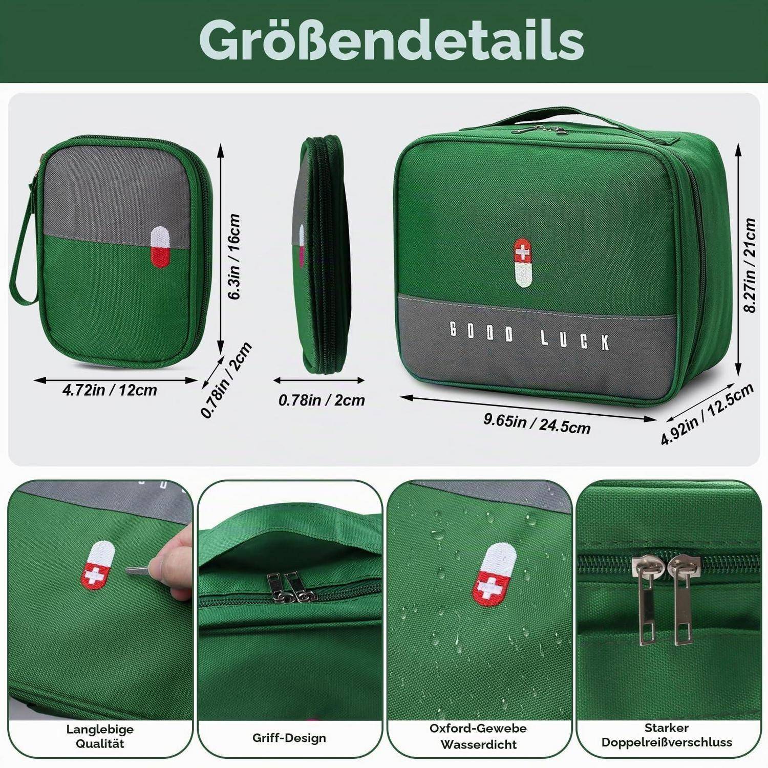 Größentabelle für Produkt für eine grüne „GOOD LUCK" Kosmetiktasche: 9,65 x 4,92 x 8,27 Zoll, mit Nahaufnahmen des Logos, des Griffs, des Oxford-Stoffs und des Reißverschlusses.