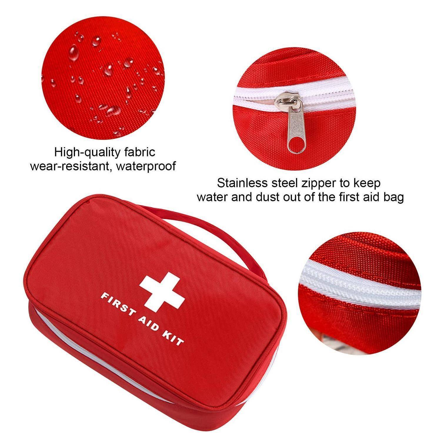 Rote Erste-Hilfe-Tasche mit weißem Kreuz und Reißverschluss, dargestellt mit Nahaufnahmen, die den wasserdichten Stoff und den Edelstahlreißverschluss hervorheben.