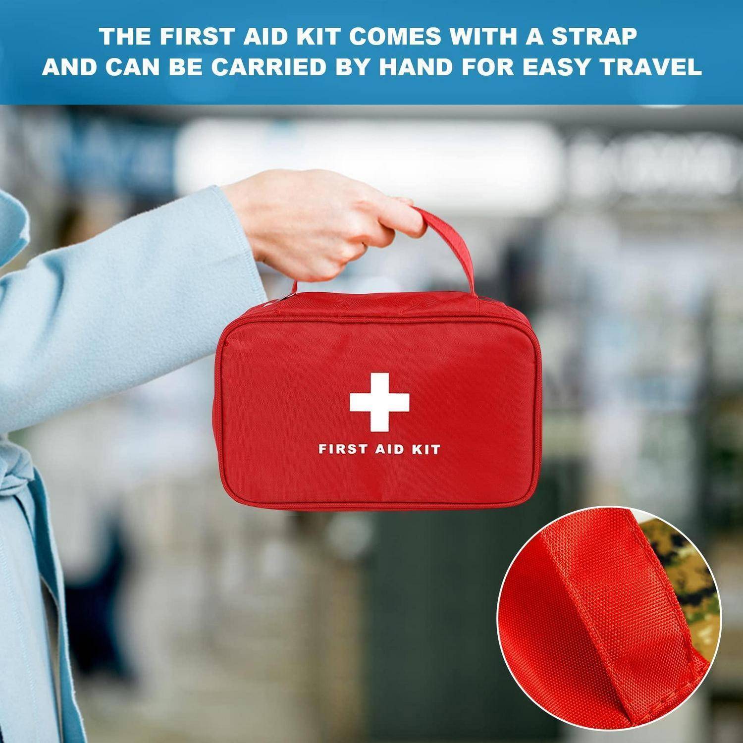 Rote Erste-Hilfe-Tasche mit weißem Kreuz und Trageband wird von Hand gehalten; die Einblendung zeigt eine Nahaufnahme des langlebigen Stoffes.