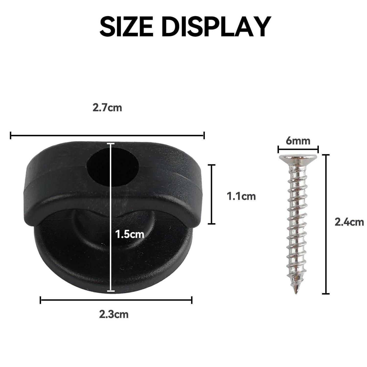 Größendarstellung mit schwarzem Kabelclip und Schraube mit beschrifteten Abmessungen: Clip 2,7 cm breit, 2,3 cm Basis, 1,5 cm tief, 1,1 cm hoch; Schraube 6 mm breit, 2,4 cm lang.