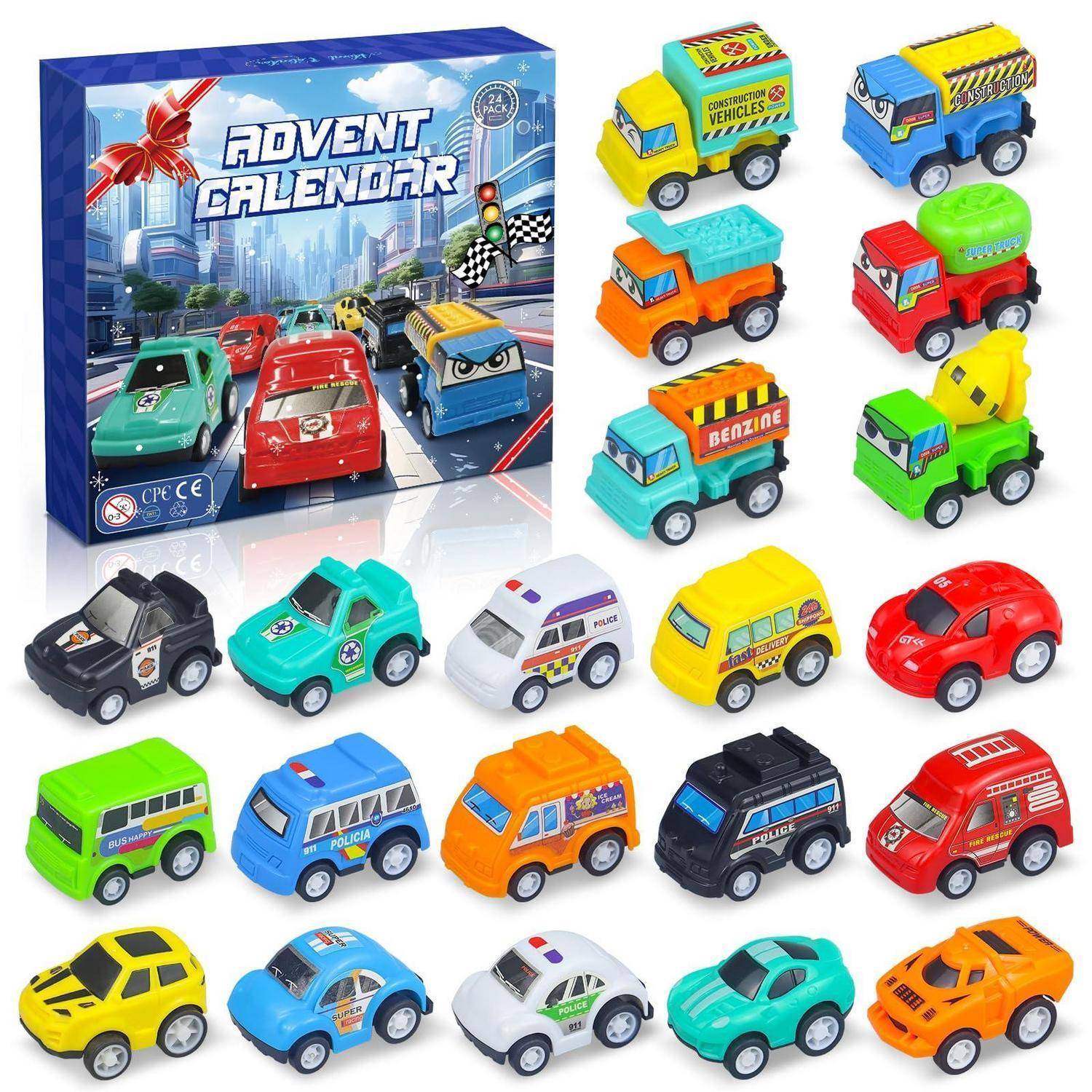 Sortierte Spielzeugautos und Lastwagen, die neben einer „Adventskalender