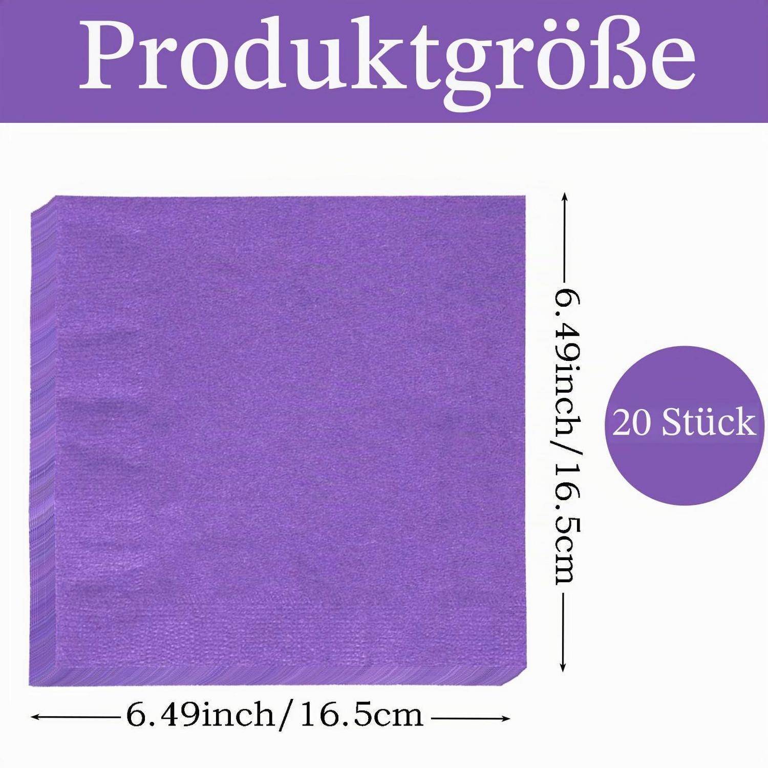 Violette quadratische Produktverpackung mit dem Label "Produktgröße"", die die Größe 6,49 x 6,49 Zoll (16,5 cm) und die Menge ""20 Stück"" anzeigt.