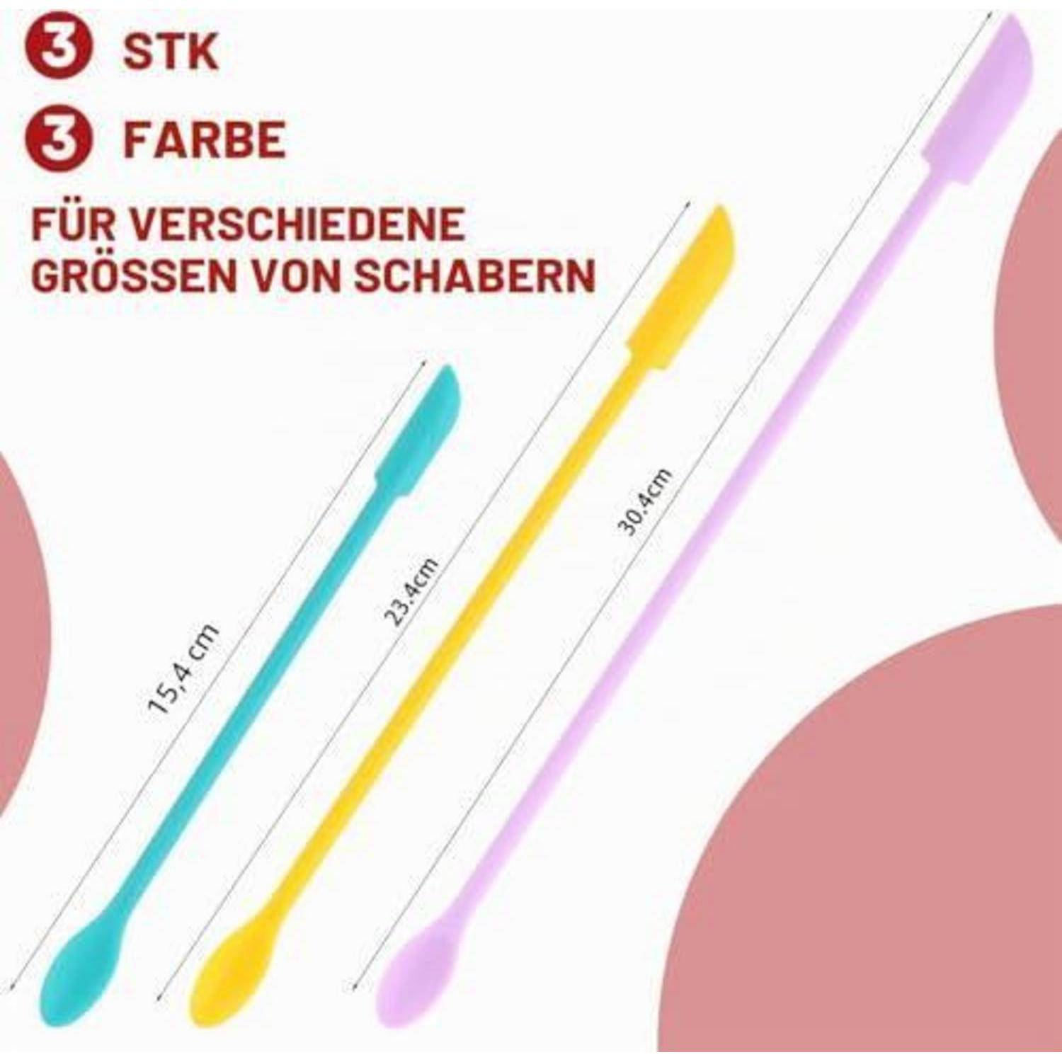 Drei farbige Schabewerkzeuge, mit den Bezeichnungen „3 STK