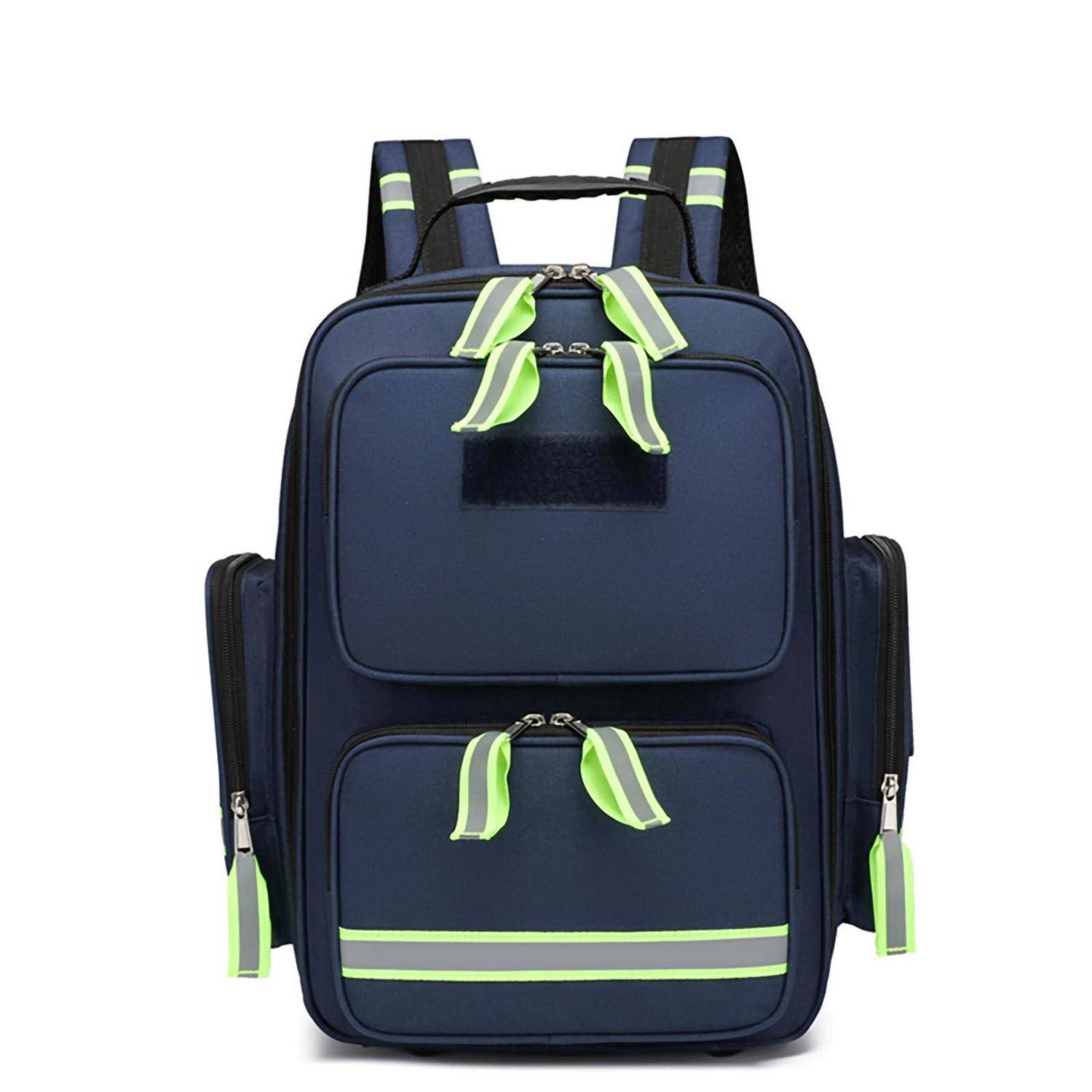 Marineblauer Rucksack mit neongrünen Reißverschlüssen, vorderen Taschen und seitlichen Fächern, dargestellt vor weißem Hintergrund.
