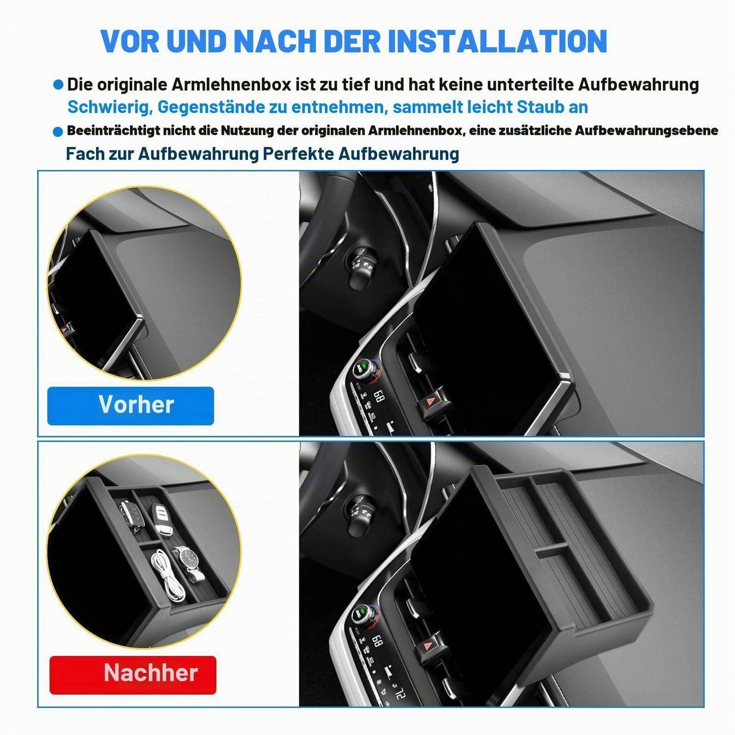 Deutsches Vorher-Nachher-Bild einer Auto-Mittelkonsolen-Aufbewahrungsbox, das das ursprüngliche flache Fach und einen neuen tieferen Einsatz zur besseren Organisation und Lagerung zeigt.