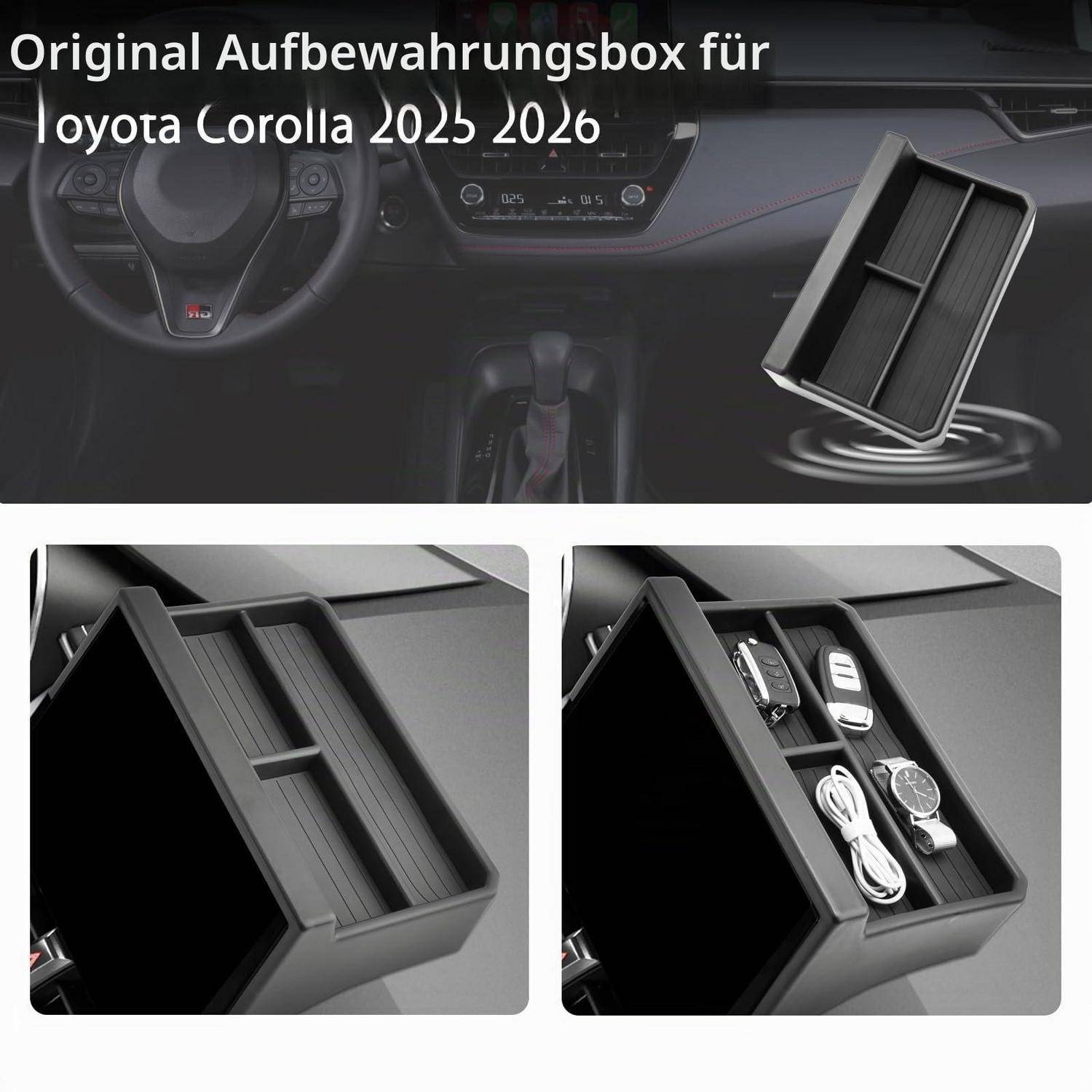 Toyota Corolla 2025-2026 Original-Aufbewahrungsbox im Auto-Armaturenbrett, mit abnehmbarem Organizer-Tablett und unterteilten Fächern für Schlüssel, Kabel und kleine Gegenstände.