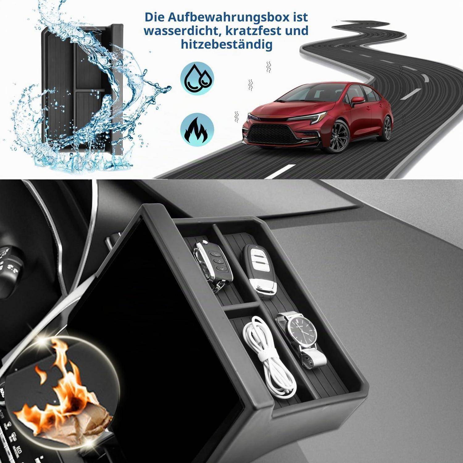 Anzeige für eine Autolagerbox mit einer wasserdichten, stoßfesten, hitzebeständigen Schutzhülle und einem offenen Organizer, der Schlüssel, eine Uhr und Kabel im Innenraum eines Fahrzeugs enthält.