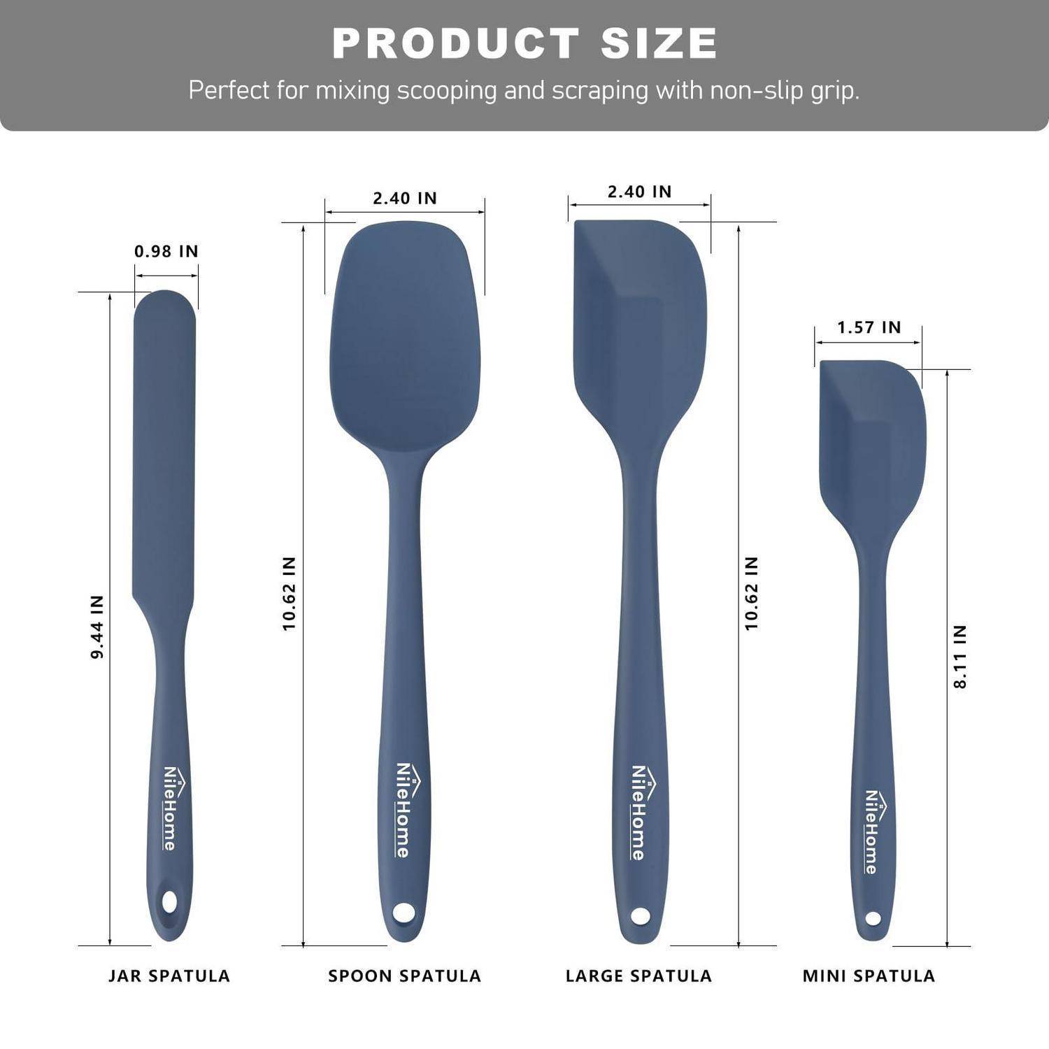 Größentabelle für vier blaue Silikonspachtel mit rutschfestem Griff: Spachtel für Gläser, Löffelspachtel, große und Mini-Spachtel, mit Angabe von Länge und Breite in Zoll für jede Spachtel.