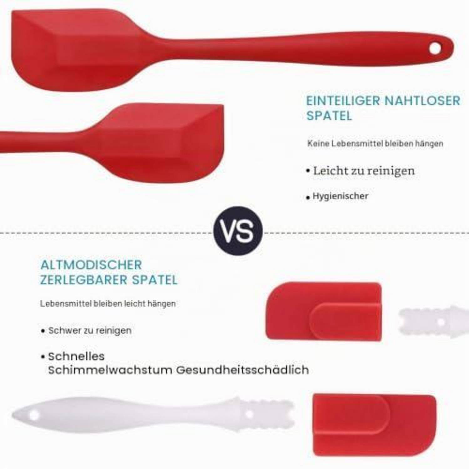 Vergleichsgrafik von Spachteln: Eine nahtlose einteilige Spachtel wird als leichter zu reinigen und hygienischer dargestellt als eine ältere abnehmbare Spachtel, die Speisereste einschließt und Schimmelwachstum fördert.