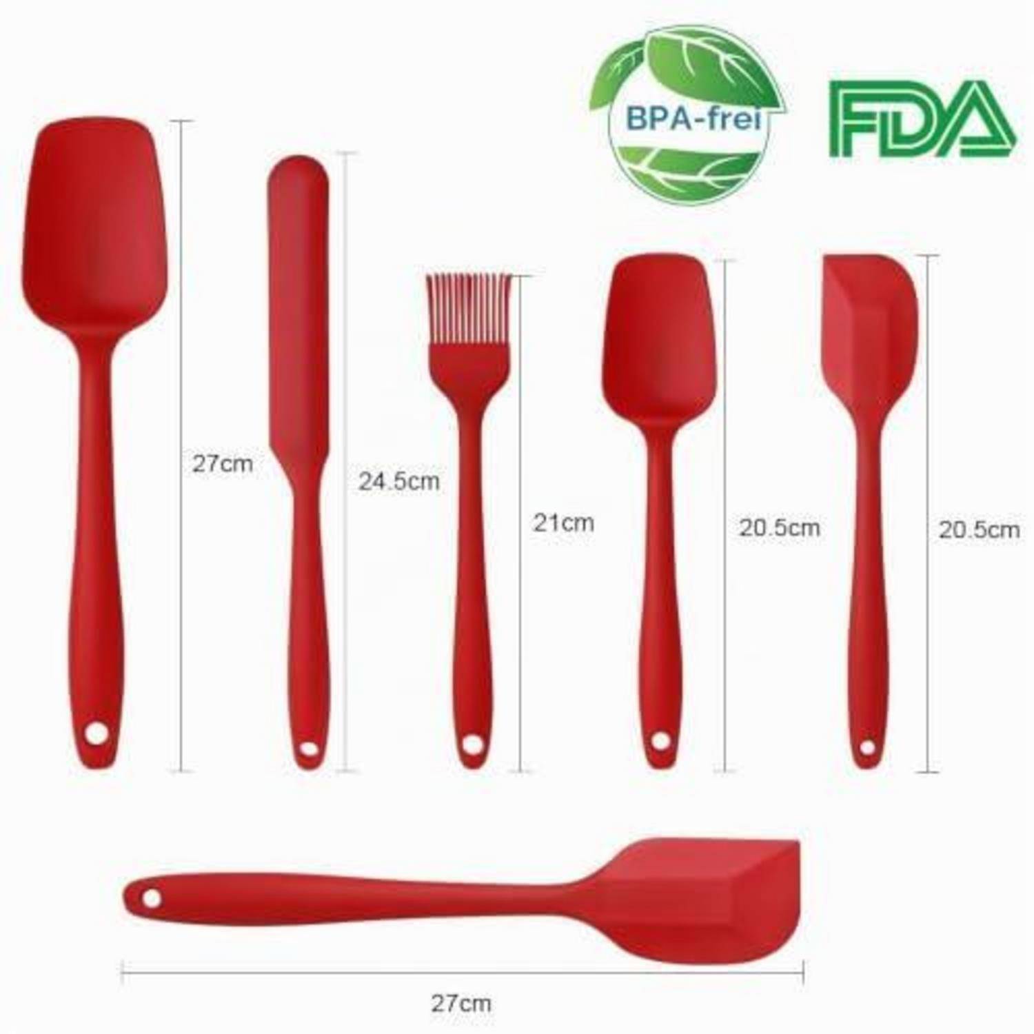 Bild von fünf roten, BPA-freien, FDA-zugelassenen Silikon-Küchenutensilien mit gekennzeichneten Größen von 27cm, 24,5cm, 21cm und 20,5cm, plus einem horizontalen 27cm-Spatel.
