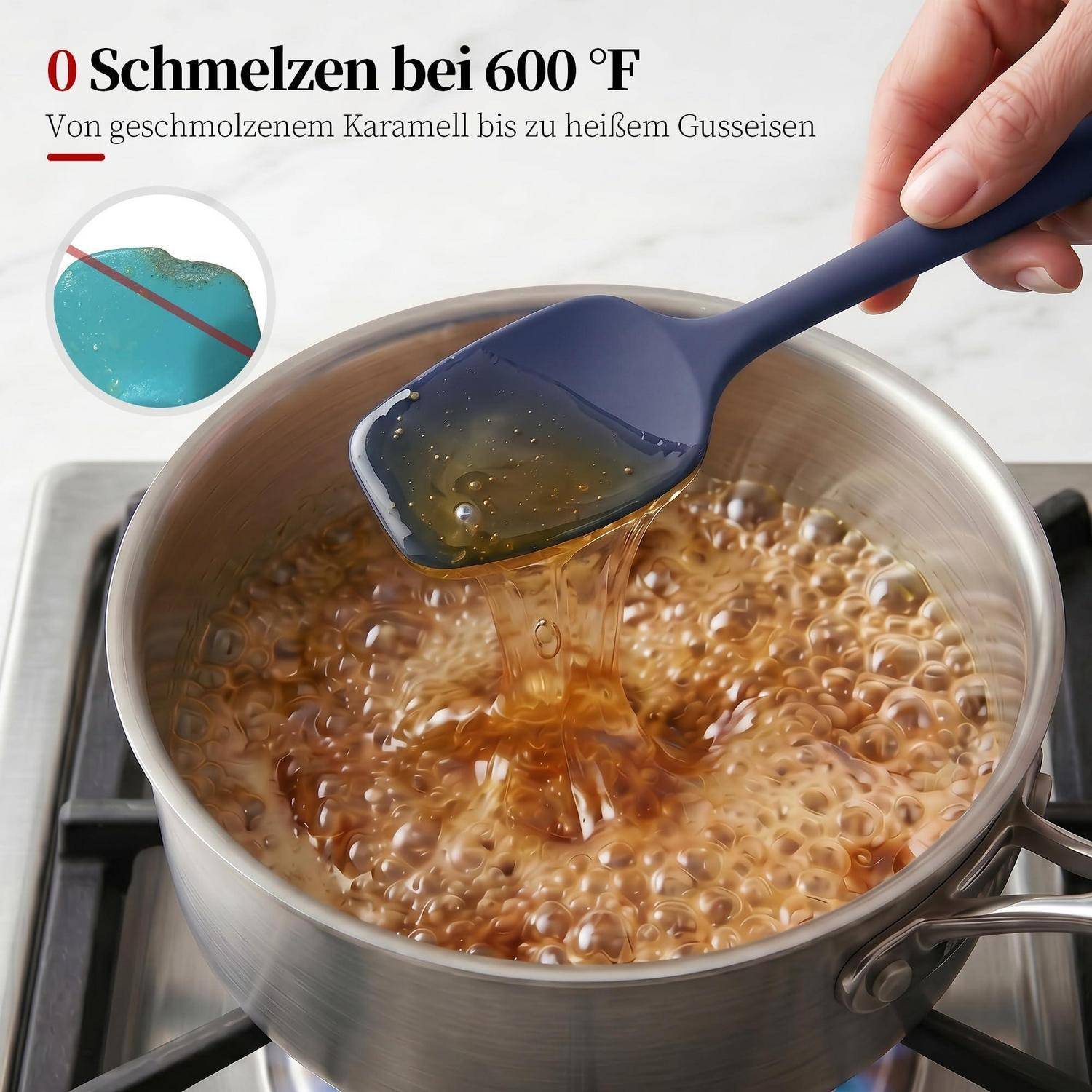 Karamell kocht in einem Topf, während ein Spatel geschmolzenen Sirup hebt; deutscher Text liest „0 Schmelzen bei 600 °F