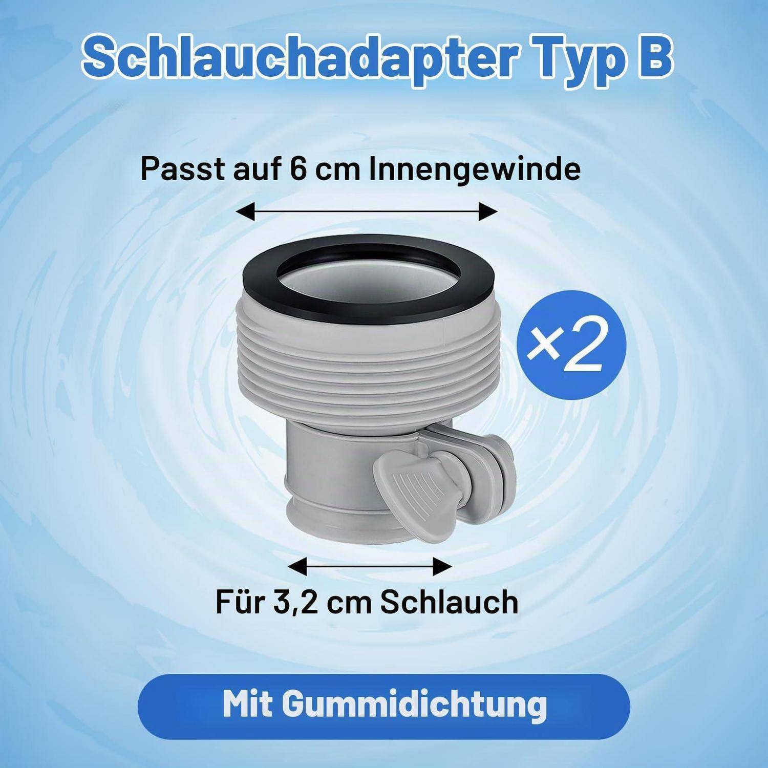 Schlauchadapter Typ B mit Gummidichtung; passt auf 6 cm Innengewinde und 3,2 cm Schlauch, gezeigt als 2er-Pack.